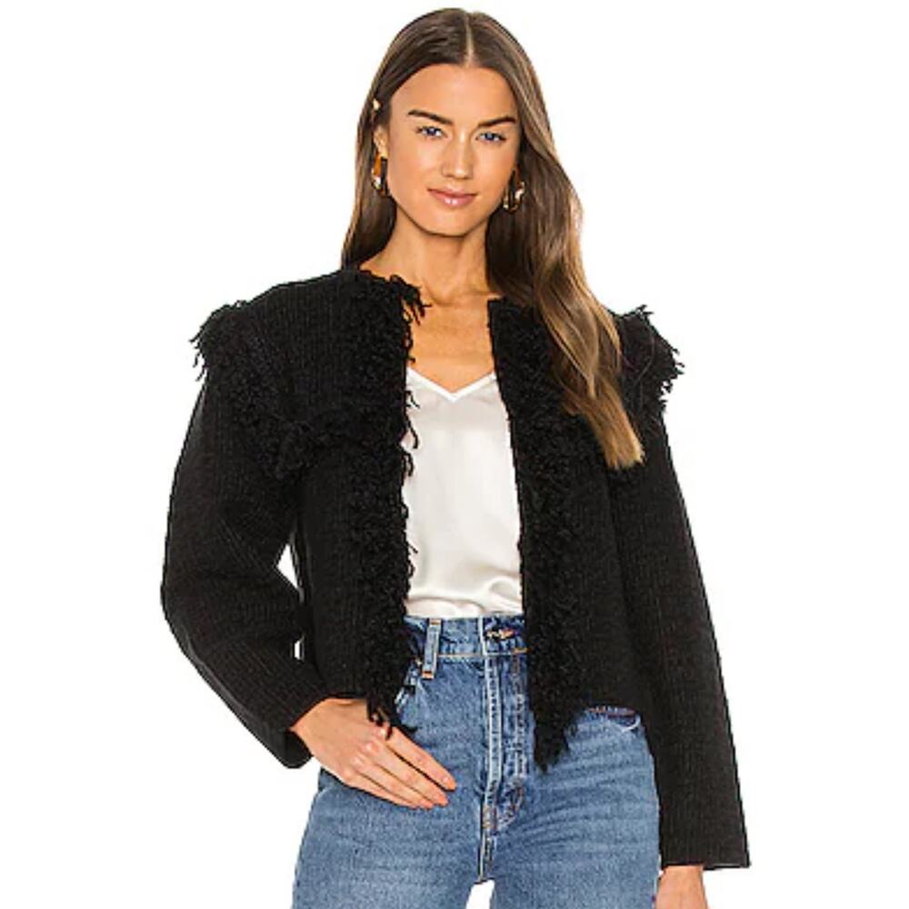 All Saints Ashley Black Tassel Tweed Open Wool Jacket Size Medium
